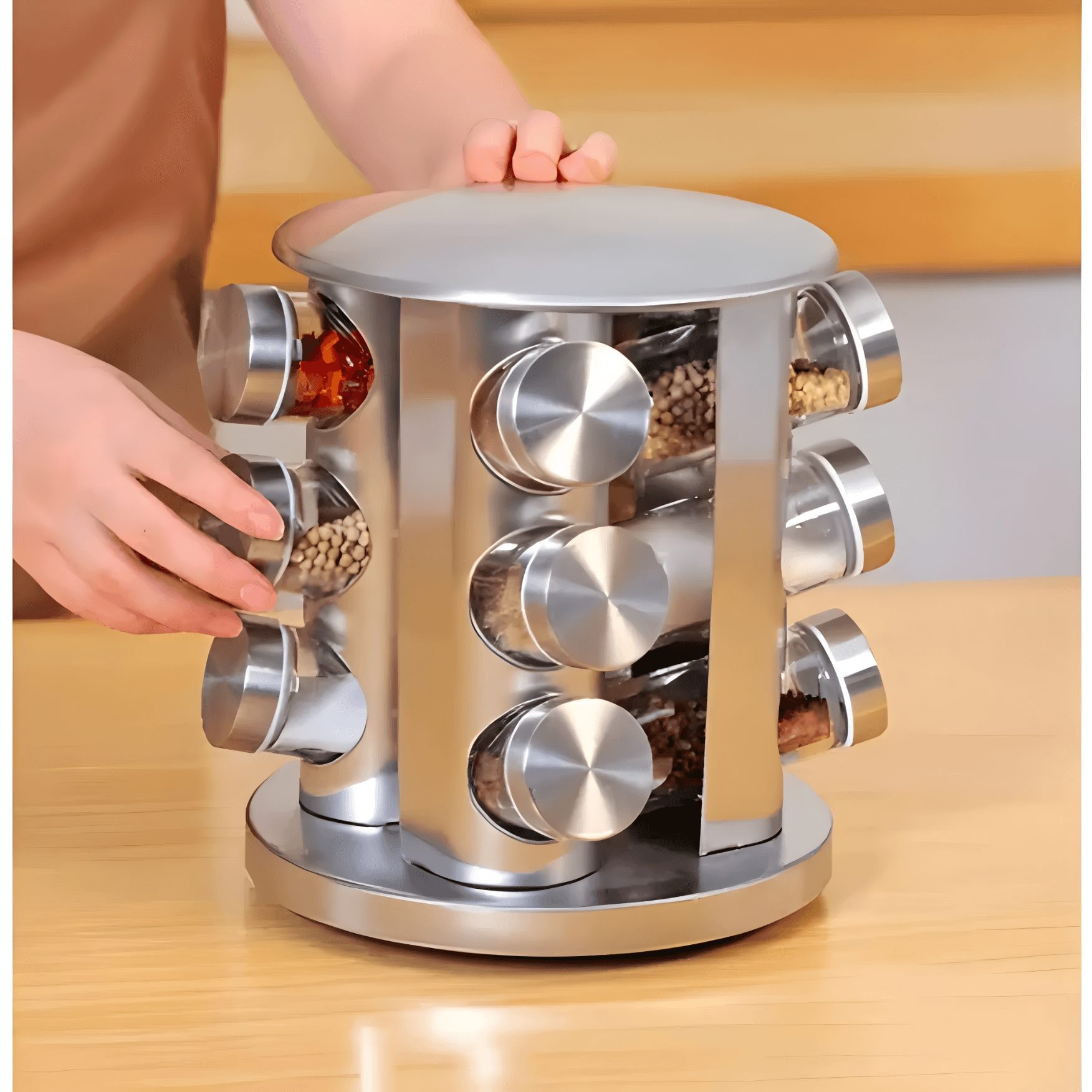 Kit Porta 12 Condimentos Giratório em Vidro e Inox Premium - Domus Concept