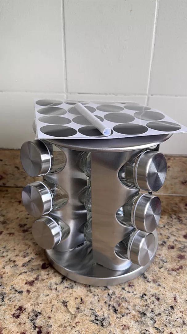 Kit Porta 12 Condimentos Giratório em Vidro e Inox Premium - Domus Concept