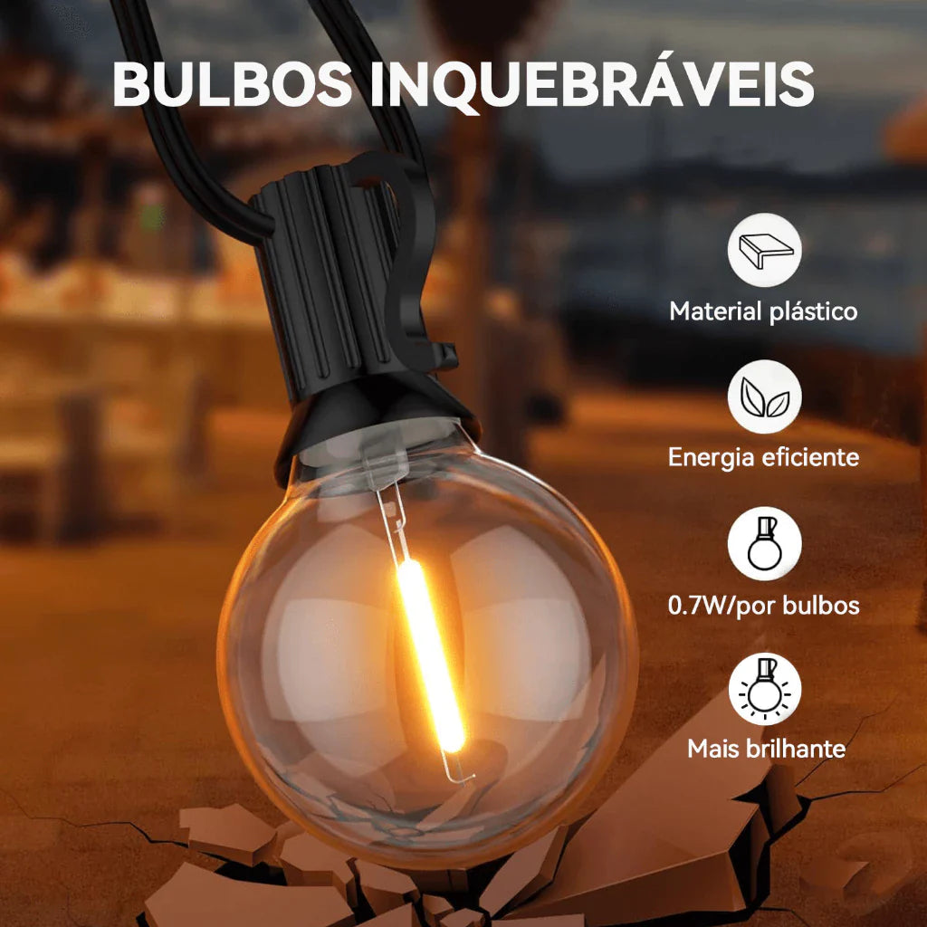 Varal de Luzes Solar com Lâmpadas Arredondadas Kasamô - Ilumine Exteriores