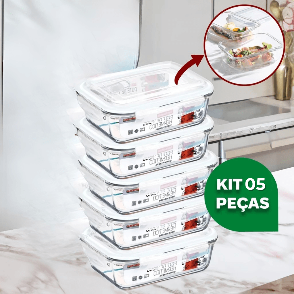 Kit Potes de Vidro Hermético Retangular 5 ou 10 Unidades - Domus Concept